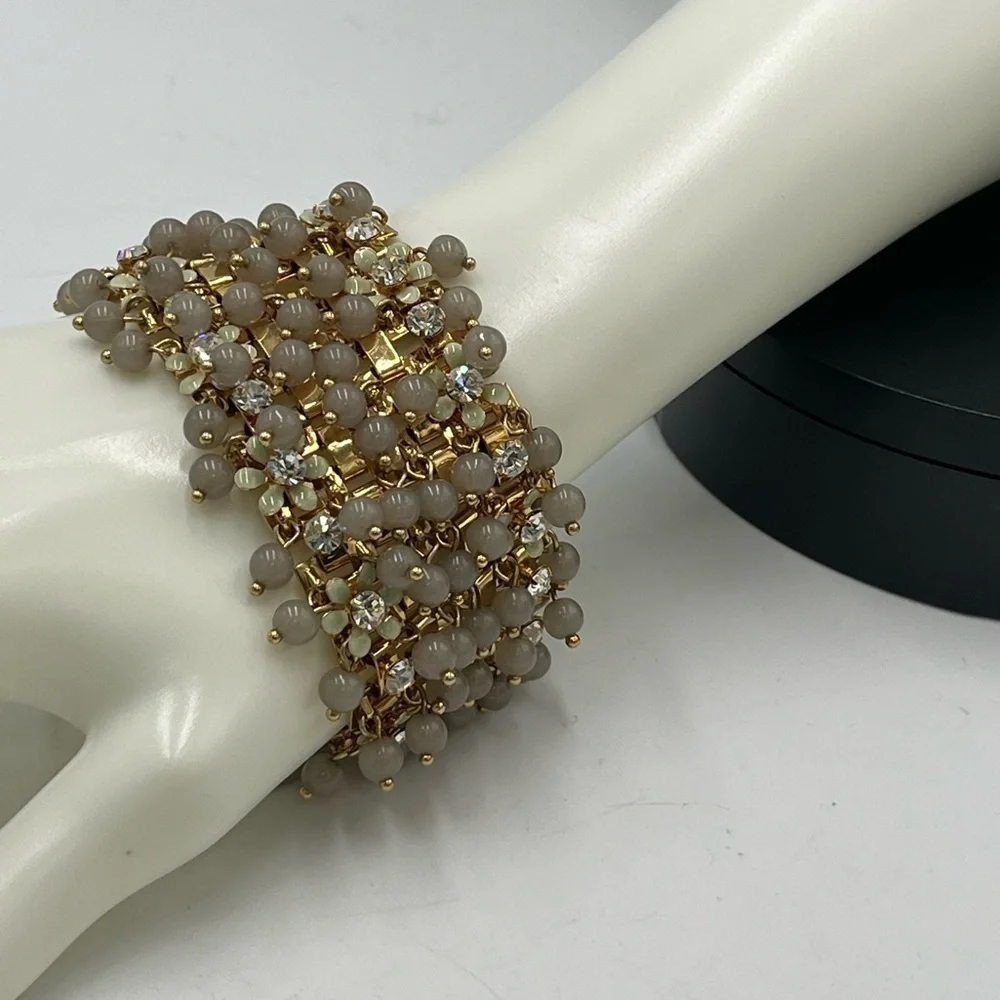 J.Crew Cluster Crystal Flowers Grey Lucite Beads Signed Statement Bracelet